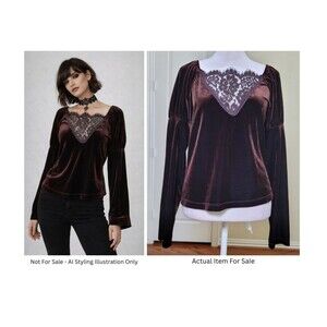 Moda International Velvet Lace Blouse Top Women L Y2K Victorian Goth Puff Sleeve
